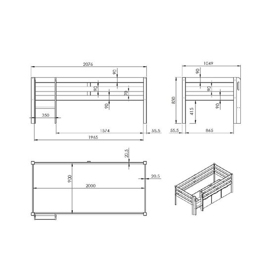 Halfhoogslaper Charlie Wit Grenen 90x200 cm - Met ladder