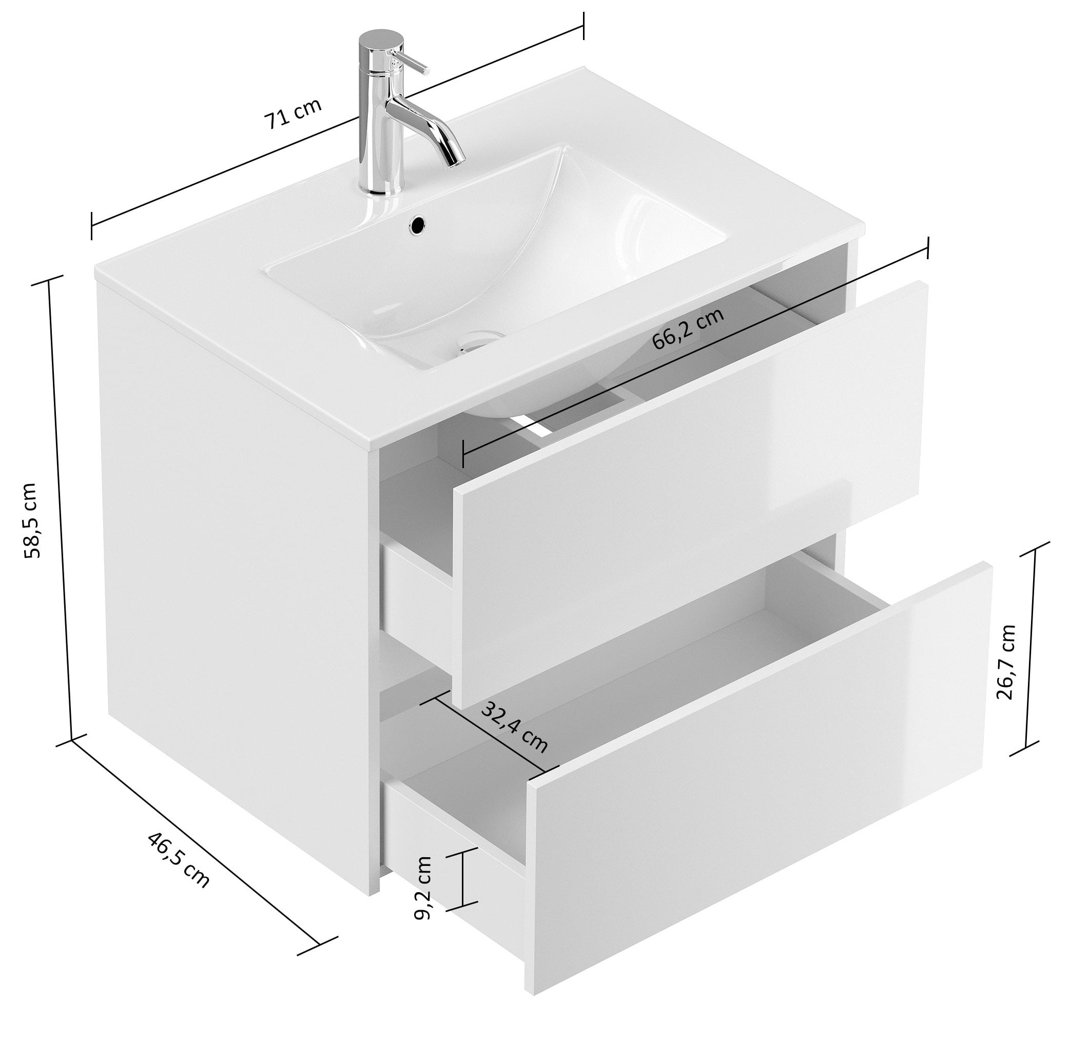 Badmeubel Phoenix Wit Hoogglans 70 cm