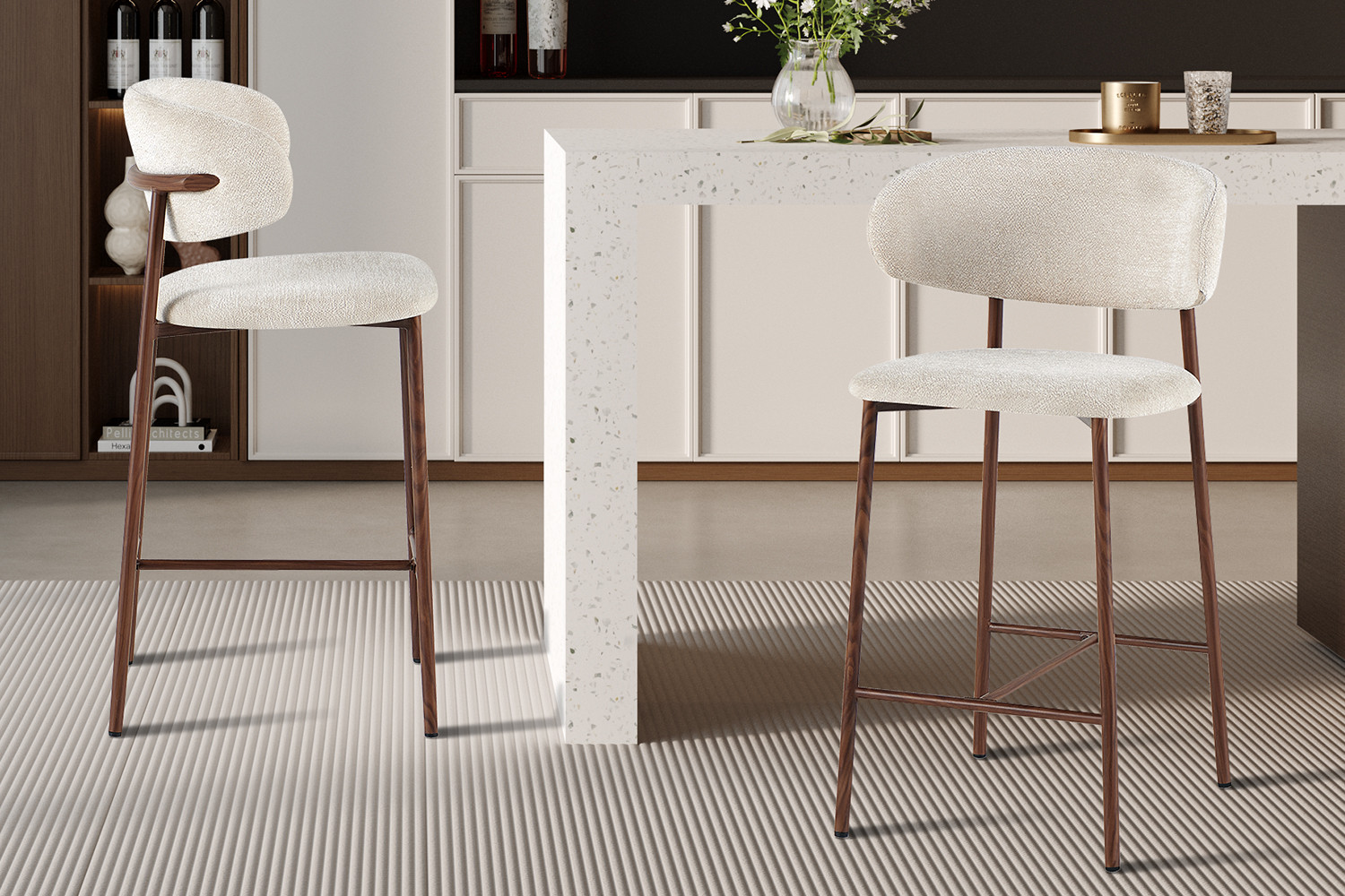 Barkruk Zorin Walnoot Stof Beige - Set van 2