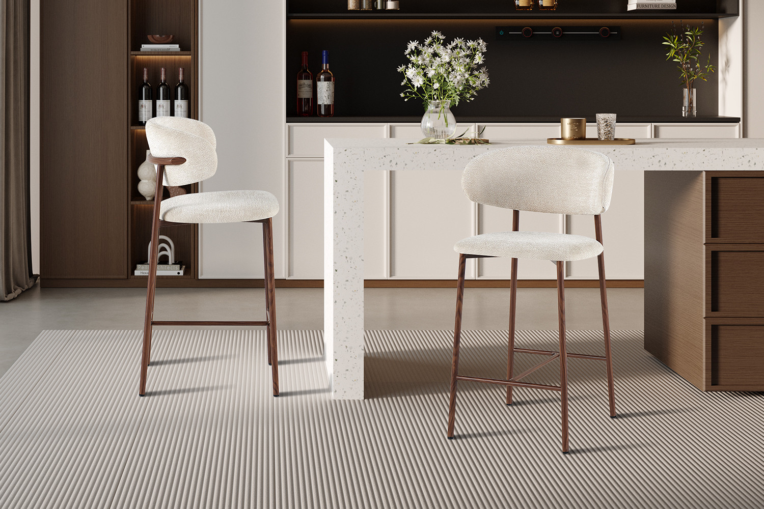 Barkruk Zorin Walnoot Stof Beige - Set van 2